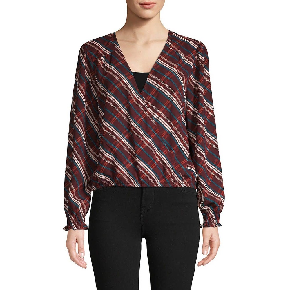 New Sanctuary M,L,XL Cori Plaid Wrap Blouse Long Sleeve Anthropologie Burgundy